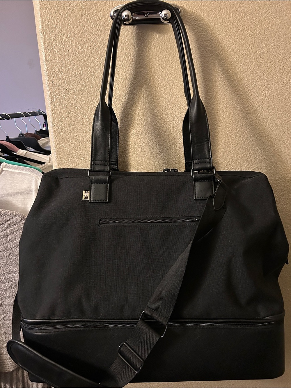 BEIS Black Convertible Weekender with Shoulder Strap
